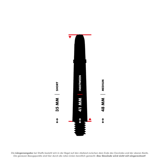 Flechas de carbono Shot Koi - Rojo Das Bild zeigt einen Dart-Schaft mit einer Länge von 41 mm, der als "Inbetween" bezeichnet wird. Die roten Linien markieren, dass die Längenangabe ohne das Gewinde gemessen wird.