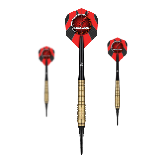 Dardos blandos Shot Redline Mach 1 - 20 g Das Bild zeigt drei Softdarts des Produkts „Shot Redline Mach 1“ mit einem Gewicht von 20g. Die Darts haben rote Flights mit schwarzem Muster und goldenen Griffen.