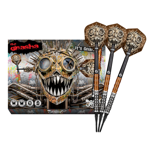 Dardos blandos Shot Gnarly Gnasha - 20 g Das Foto zeigt die vollständigen Shot Gnarly Gnasha Softdarts - 20g. Diese Softdarts zeichnen sich durch ein modernes Design aus.