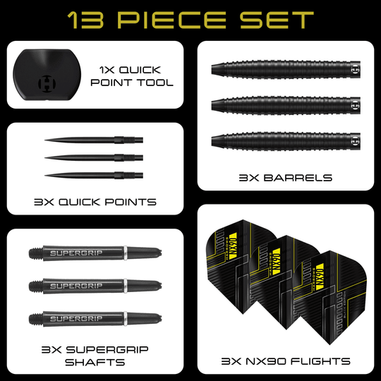 Dardos de acero de punta rápida cónica Harrows NX90 Black Edition Hier zu sehen sind die Harrows NX90 Black Edition Tapered Quick Point Steeldarts. Die Darts sind schmal zulaufend und haben eine schwarze Oberfläche.
