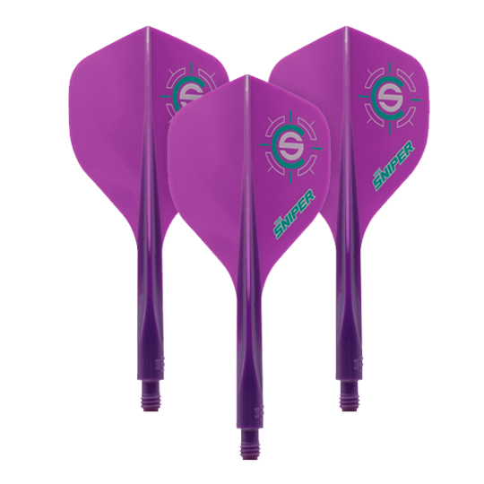 Sistema de vuelo Condor Ax 120 Connor Scutt Sniper Purple - Estándar Das Bild zeigt drei lila Dartflights mit dem Aufdruck "Sniper" und einem Zielsymbol. Es handelt sich um das Produkt "Condor Axe 120 Connor Scutt Sniper Purple Flight-System - Standard".