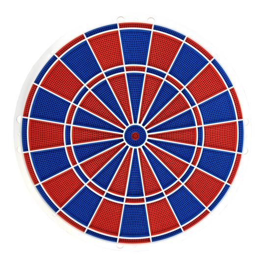 Repuesto para Karella E-Master Das Bild zeigt eine runde Dartscheibe mit abwechselnd roten und blauen Segmenten. Die Segmente sind durch weiße Linien getrennt und die Scheibe hat einen weißen Rahmen.
