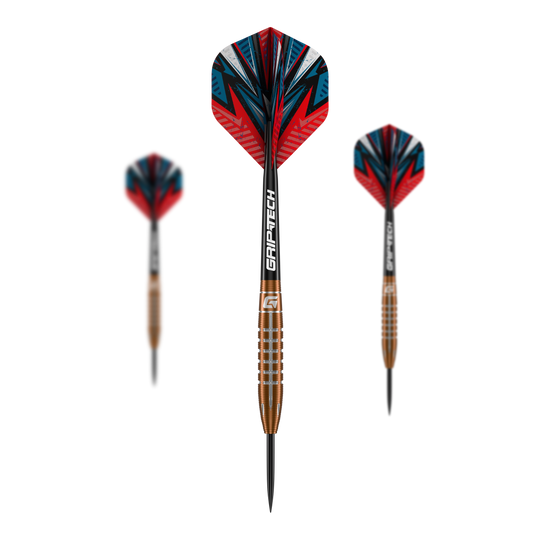 Dardos de acero de tungsteno GOAT Quarterback V2 - 24 g Das Bild zeigt drei GOAT Quarterback V2 Tungsten Steeldarts mit einem Gewicht von 24g. Die Darts haben ein auffälliges, rot-blaues Design und sind mit GRIP-TECH-Schäften ausgestattet.