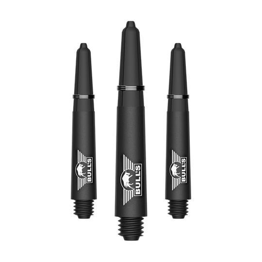 Ejes de carbono Bulls NL Capo - Negro Ein Bild mit dem Dateinamen BU55340_BullsNL_Capo_Carbon_Shafts_Schwarz_Short_34mm_1Set. Es handelt sich vermutlich um ein Set aus kurzen schwarzen Carbon-Shafts für Darts.