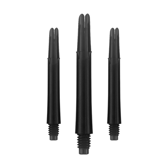 Ejes en L estilo L bloqueados rectos - Negro Auf dem Bild sind drei schwarze, gerade Dartshafts ohne Kappen zu sehen. Sie haben ein Gewinde am unteren Ende und sind jeweils 39 mm lang.