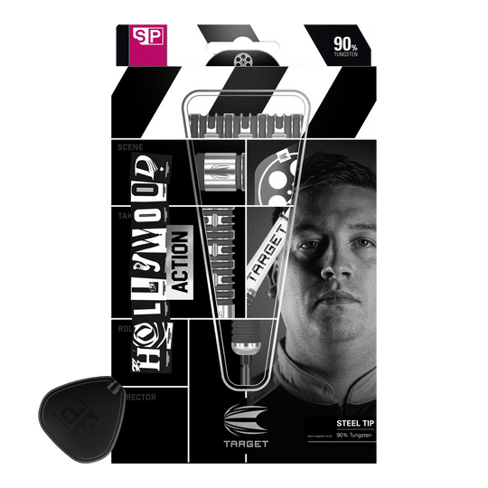 Dardos de acero Target Chris Dobey Hollywood Action Swiss Point Die Abbildung zeigt die Verpackung der "Target Chris Dobey Hollywood Action Swiss Point Steeldarts". Auf der Verpackung sind die Darts, der Produktname und ein Porträt einer Person zu sehen.
