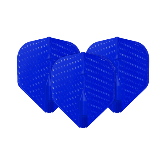 Vuelos estilo L con hoyuelos color champán L1EZ estándar Auf dem Bild sind drei blaue Dart-Flights zu sehen. Sie haben eine strukturierte Oberfläche mit kleinen Vertiefungen.