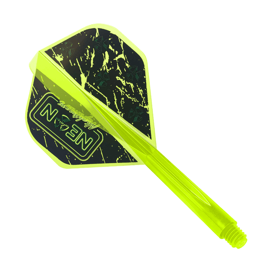 Sistema de vuelo Condor AX Stowe Buntz Neon Nightmare Amarillo - Estándar Dieses Bild zeigt das Produkt "Condor AXE Stowe Buntz Neon Nightmare Flight-System Gelb - Standard". Es handelt sich um ein neon-gelbes Dart-Flight-System mit schwarzem und gelbem Muster.