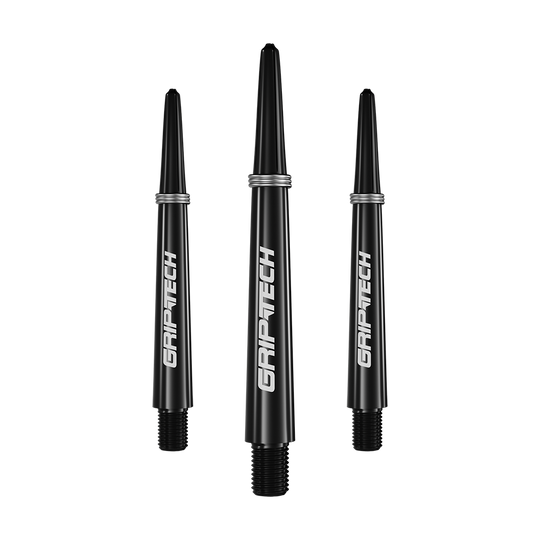 Varillas GOAT Griptech - Negras Das Bild zeigt drei schwarze Dart-Schäfte mit der Aufschrift "GRIPTECH" in weißer Farbe. Sie sind schlank geformt und haben silberne Ringe am oberen Ende.