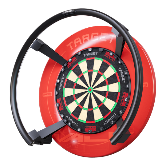 Sistema de puntuación automática Target OMNI Das Bild zeigt das Produkt "Target OMNI Auto-Scoring-System", ein modernes Dartboard mit automatischer Punkteerfassung. Das Dartboard ist von einem markanten roten Gehäuse und einem schwarzen Ring umgeben.