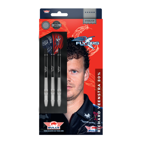 Bulls NL Richard Veenstra 80 dardos de acero - 23g Die Verpackung zeigt die "Bulls NL Richard Veenstra 80 Steeldarts - 23g". Auf der Vorderseite sind drei Darts und das Porträt eines Mannes abgebildet.