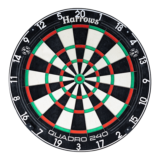 Diana de acero Harrows Quadro 240 Das Bild zeigt ein Harrows Quadro 240 Steeldartboard. Die Dartscheibe hat farbige Segmente in Schwarz, Weiß, Rot und Grün.