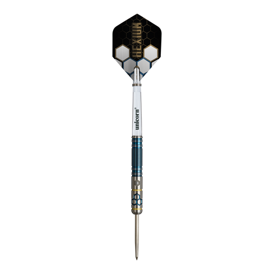Dardos de acero Unicorn Hexium Style 02 azules y dorados Abgebildet sind die Unicorn Hexium Style 02 Blue & Gold Steeldarts. Die Farbkombination aus Blau und Gold ist auffällig.