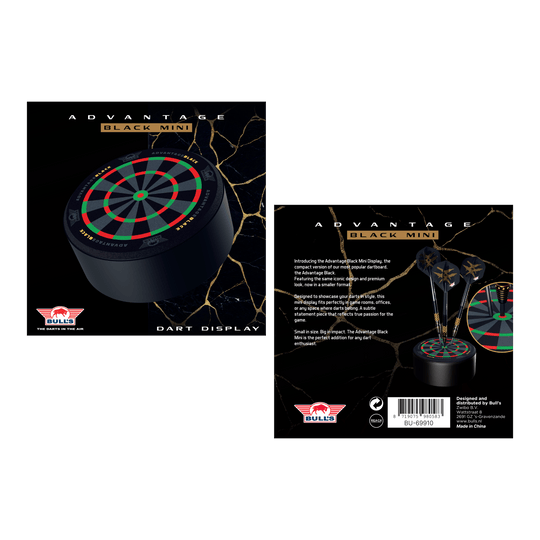 Soporte para dardos Bulls NL Advantage negro Das Bild zeigt den Bulls NL Advantage Black Mini Dart Display Darthalter. Der Halter ist ideal zur Ausstellung von Mini-Darts.