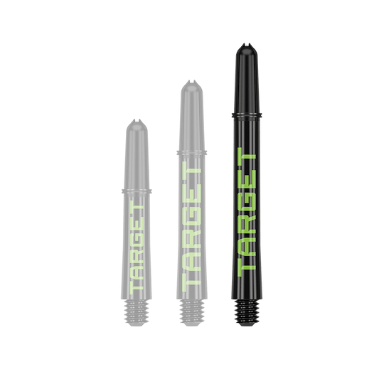 Varillas Target Pro Grip TAG - 3 juegos - Negro Verde Ein Dart-Schaft mit auffällig langem Profil ist zu sehen. Die Farbgebung und Oberfläche sind gut erkennbar.