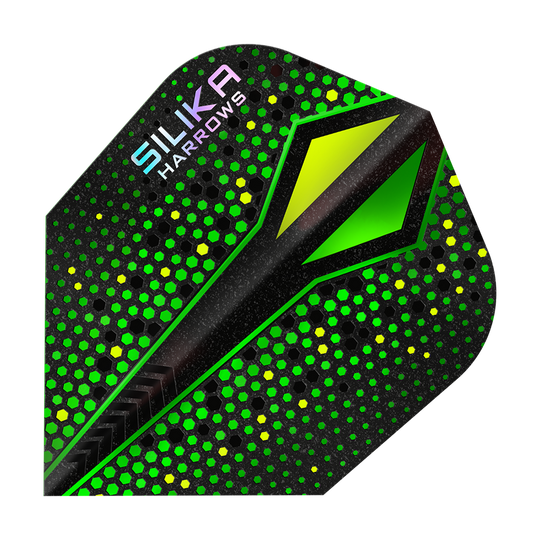 Plumas Harrows Silika Colorshift con revestimiento cristalino resistente Green-X No6 Das Bild zeigt ein Dart Flight mit dem Namen „Harrows Silika Colourshift Tough Crystalline Coating Green-X No6“. Es hat ein auffälliges Design mit grünen und gelben Hexagon-Mustern auf schwarzem Hintergrund.