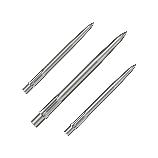 Puntas de dardos Caliburn System de acero - Lisas - Plateadas Auf dem Bild sind drei silberne, glatte Stahlspitzen für Dartpfeile zu sehen. Sie sind ordentlich nebeneinander angeordnet und haben eine Länge von 32 mm.