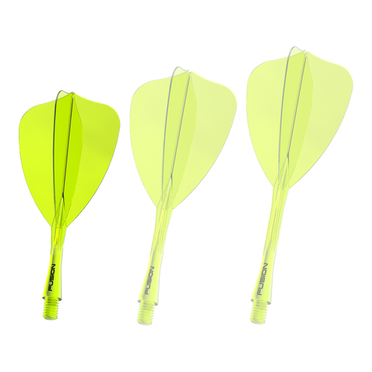 Sistema de eje de vuelo Winmau Fusion Arrow amarillo neón Das Bild zeigt ein Dartshaft- und Flight-System in Neongelb mit einer Länge von 22 mm. Es handelt sich um das 'Fusion Flight Shaft System Arrow' von Winmau.