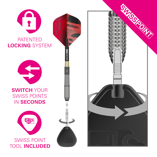 Dardos de acero Target Stephen Bunting GEN5 Void Swiss Point Das Bild präsentiert die Target Stephen Bunting GEN5 Void Swiss Point Steeldarts. Diese Darts sind für Präzision und Leistung bekannt.