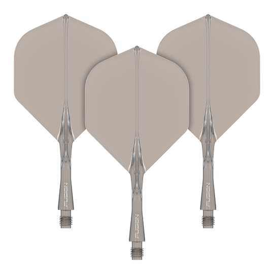 Sistema de eje de vuelo Winmau Fusion estándar Smokey Das Bild zeigt drei graue Dart-Flights mit transparenten Schäften. Sie sind ordentlich nebeneinander angeordnet und haben eine standardisierte Pfeilform.