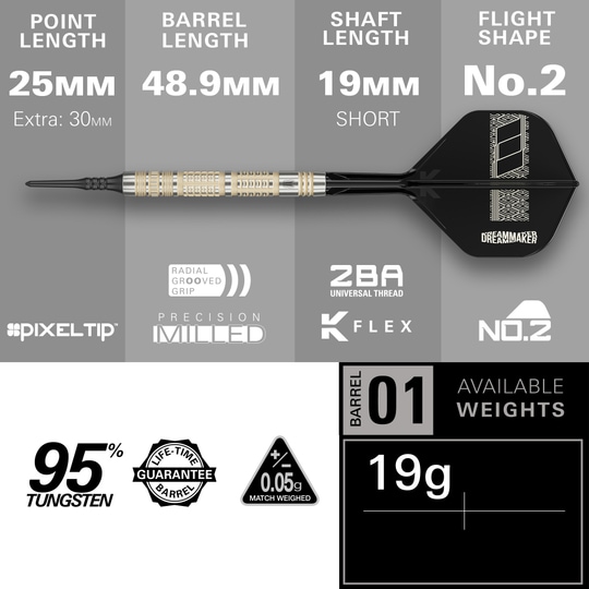 Dardos blandos Target Dimitri Van Den Bergh 95K - 19 g Auf diesem Bild sieht man die Target Dimitri Van Den Bergh 95K Softdarts mit 19g Gewicht. Diese Softdarts sind ideal für alle Dartspieler.