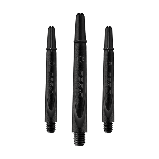 HR460_Harrows_Carbon_360_Shafts_Schwarz_49mm_1 Das Bild zeigt drei schwarze Dartschäfte aus Carbon. Sie sind länglich, haben ein Gewinde am unteren Ende und die Aufschrift "C-360" ist sichtbar.