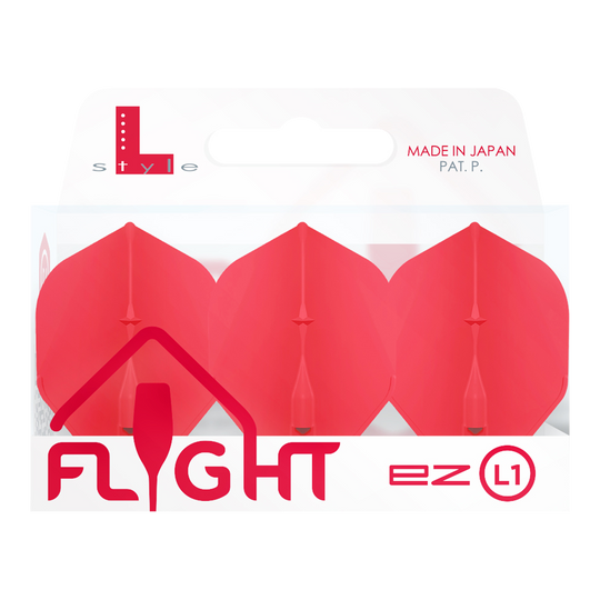 Vuelos estándar L-Style Champagne L1EZ Das Bild zeigt eine Packung mit roten L-Style Champagne L1EZ Standard Flights. Die Verpackung ist durchsichtig und trägt die Aufschrift "Made in Japan".