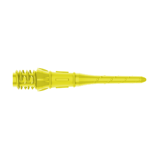 Das Bild zeigt eine gelbe Dartspitze aus Kunststoff. Sie ist lang und hat eine strukturierte Oberfläche mit kleinen Noppen.