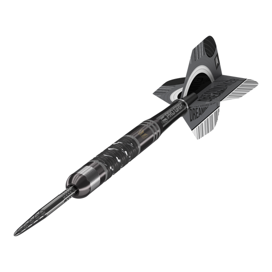 Dardos de acero Target Dimitri Van Den Bergh X Echo Swiss Point Das Bild zeigt einen Target Dimitri Van Den Bergh X Echo Swiss Point Steeldart. Der Dartpfeil ist schwarz-silber und hat detaillierte Ringe und Schriftzüge auf dem Schaft und den Flights.