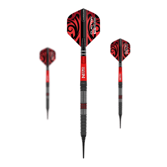 Dardos blandos Red Dragon Jonny Clayton Hiraeth - 20 g Das Bild zeigt die Red Dragon Jonny Clayton Hiraeth Softdarts mit einem Gewicht von 20g. Die Darts haben ein auffälliges rotes Design mit schwarzen Mustern und silbernen Ringen am Barrel.