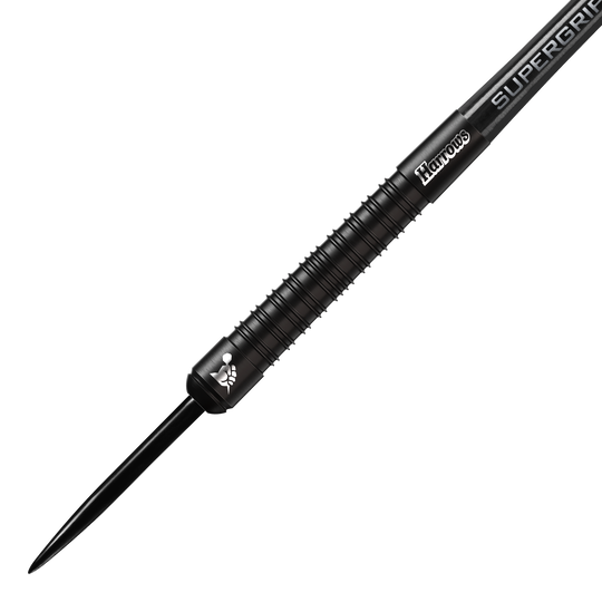 Dardos de acero Harrows Supergrip Black Edition Das Bild zeigt einen schwarzen Steeldart der Marke Harrows aus der Supergrip Black-Edition. Der Dart hat ein geriffeltes Griffstück und ein elegantes, komplett schwarzes Design.
