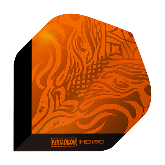 Plumas estándar Pentathlon HD150 color naranja metalizado Das Bild zeigt ein Pentathlon HD150 Metallic Orange Standard Flight. Das Design ist orange mit metallischem Glanz und auffälligen Mustern.