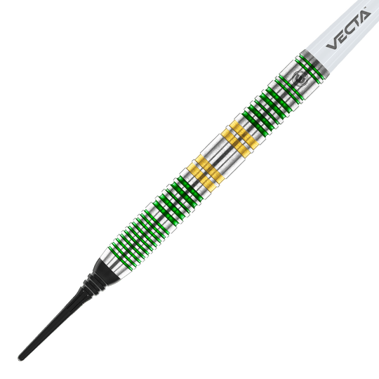 Dardos blandos Winmau Xenon - 20 g Das Bild zeigt einen Winmau Xenon Softdart mit einem Gewicht von 20 Gramm. Der Dartpfeil hat silberne, grüne und goldene Ringe und eine schwarze Spitze.