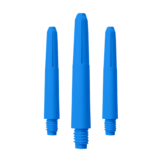Das Bild zeigt drei blaue Nylon Shafts. Sie sind in einer Reihe angeordnet und haben Gewinde an einem Ende.