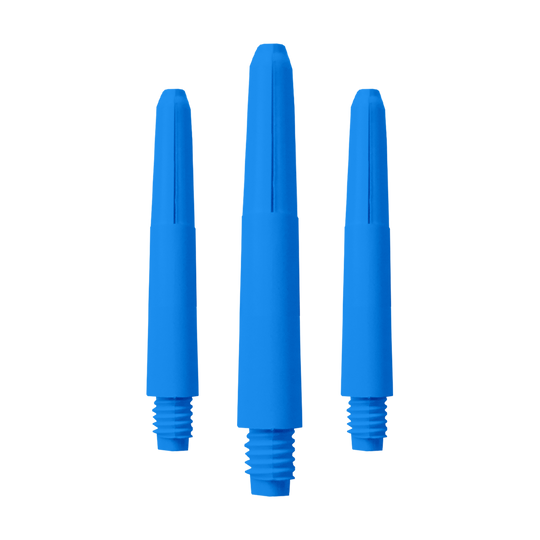 573_Nylon_Shafts_Blau_35mm_1 Das Bild zeigt drei blaue Nylon Shafts. Sie sind in einer Reihe angeordnet und haben Gewinde an einem Ende.