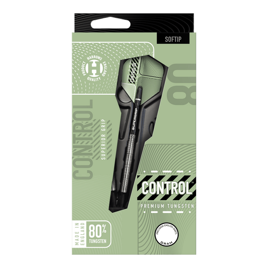 Dardos blandos paralelos Harrows Control Das Bild zeigt die Verpackung der "Harrows Control Parallel Softdarts" mit dem Dartpfeil gut sichtbar. Auf der Verpackung steht, dass der Dart aus 80% Tungsten besteht und für einen überlegenen Griff sorgt.