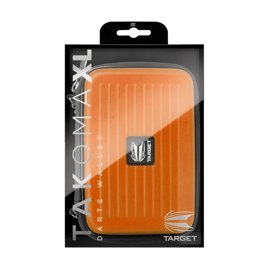 125856_Target_Takoma_XL_Dartwallet_Orange_3 Das Bild zeigt eine orangefarbene Darttasche namens "Target Takoma XL Dartwallet" in ihrer Verpackung. Auf der Verpackung sind das Target-Logo und der Produktname gut sichtbar.