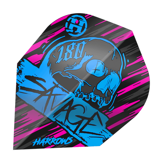 Plumas Savage Aqua Pink No6 de Harrow's Das Bild zeigt das Produkt "Harrows Savage Aqua Pink No6 Flights" mit einem auffälligen Design in Blau, Pink und Schwarz. In der Mitte ist ein Totenkopf und der Schriftzug "Savage" zu sehen.