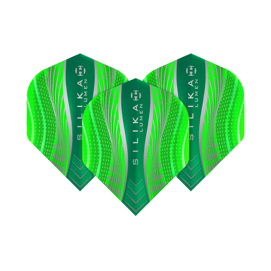 HR63_Harrows_Silika_Lumen_Green_No2_Standard_Flights_1VYF19BE5aETts Harrows Silika Lumen No2 Standard Flights mit feinem grafischem Muster. Die Flights sind gestaffelt dargestellt.