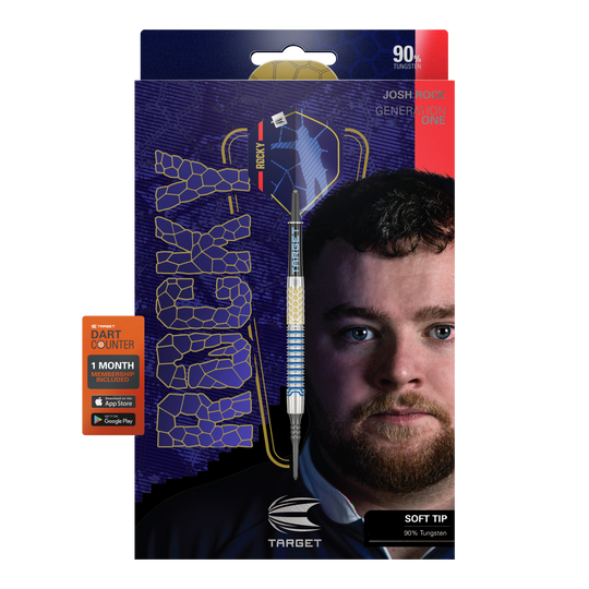 Dardos blandos Target Josh Rock GEN1 - 20 g Die Abbildung zeigt die Softdarts "Target Josh Rock GEN1" mit einem Gewicht von 20g. Auf der Verpackung ist ein Porträt eines Mannes sowie die Angabe "90% Tungsten" und "SOFT TIP" zu sehen.