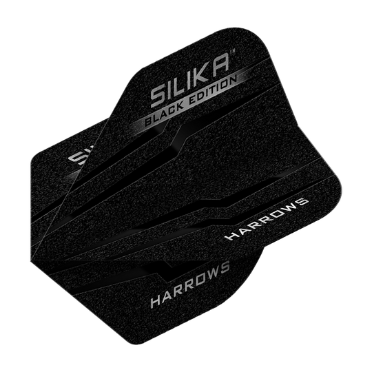 Plumas estándar Harrows Silika Black Edition No2 Das Bild zeigt die Harrows Silika Black-Edition No2 Standard Flights. Die Flights sind schwarz mit silbernen Akzenten und dem Aufdruck "Harrows" sowie "Silika Black Edition".