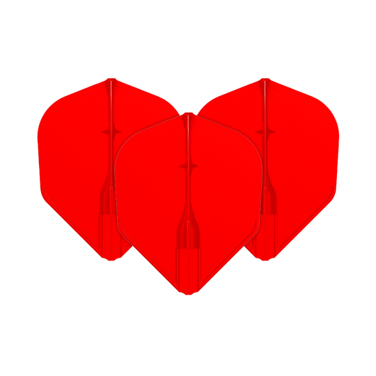 Vuelos L-L-Style3EZ Auf dem Bild sind drei rote Dart-Flights zu sehen. Sie sind nebeneinander angeordnet und haben eine klassische Pfeilform.
