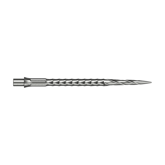 Puntas de dardos de acero Caliburn System - Spiro - NoLip - plateadas Die Abbildung zeigt ein silbernes Steeldartspitze aus dem Caliburn Evo System. Die Spitze hat ein Spiro NoLip Design und eine Länge von 40 mm.