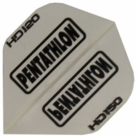 hd11 Das Bild zeigt ein weißes Dartflight mit der Aufschrift "PENTATHLON" in schwarzer Schrift. An den Seiten stehen die Bezeichnungen "HD 120" und "HD 150".