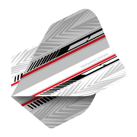 Vuelos de pentatlón blanco/negro/rojo Das Bild zeigt ein Dart-Flight mit dem Namen "Pentathlon White Black Red No2 Standard Flights". Es ist überwiegend weiß und grau mit schwarzen und roten Akzenten und geometrischem Muster gestaltet.