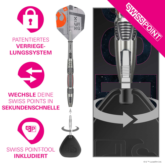 Dardos de acero Target Star Wars X-Wing Swiss Point Target Star Wars X-Wing Swiss Point Steeldarts sind abgebildet. Das Produkt ist inspiriert von Star Wars und in einem speziellen Design gestaltet.