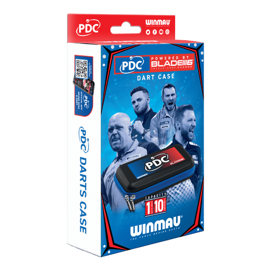 Estuche para dardos Winmau PDC Die Abbildung zeigt die Verpackung des Winmau PDC Dartcase. Auf der Box sind Bilder von Dartspielern sowie das Etui und die Markenlogos zu sehen.