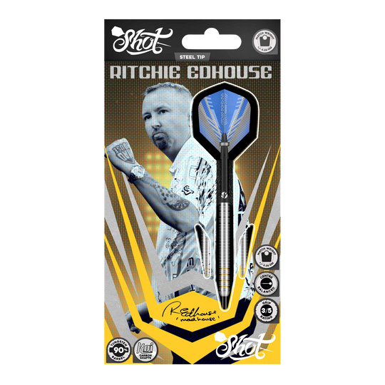 Dardos de acero Core de Ritchie Edhouse Das Bild zeigt die Shot Ritchie Edhouse Core Steeldarts aus einer anderen Perspektive. Die Darts sind präzise verarbeitet und ideal für Profis.