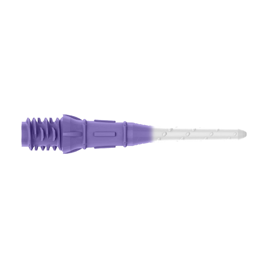 Labios de punta bicolor premium estilo L (paquete de 30) Das Bild zeigt eine zweifarbige Dartspitze in Lila und Weiß. Der vordere Teil ist weiß, während der hintere Teil lila ist.