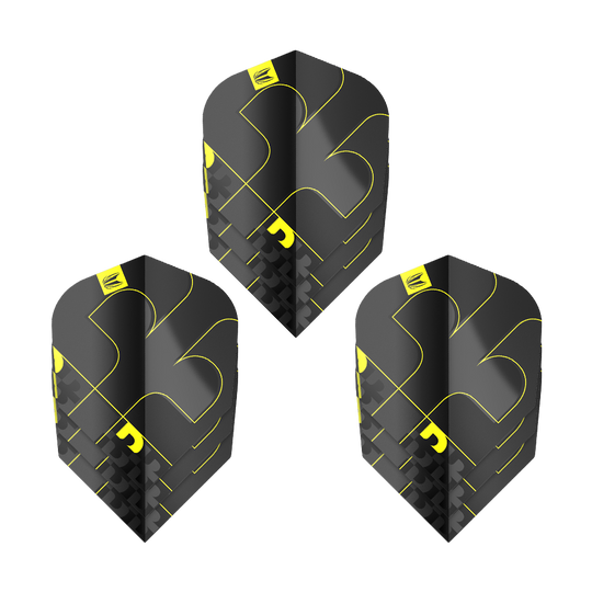 Vuelos Target ProUltra Bolide Void No6 Das Bild zeigt drei Target ProUltra Bolide Void No6 Flights. Die Flights sind schwarz mit gelben Akzenten und besitzen ein modernes, geometrisches Design.